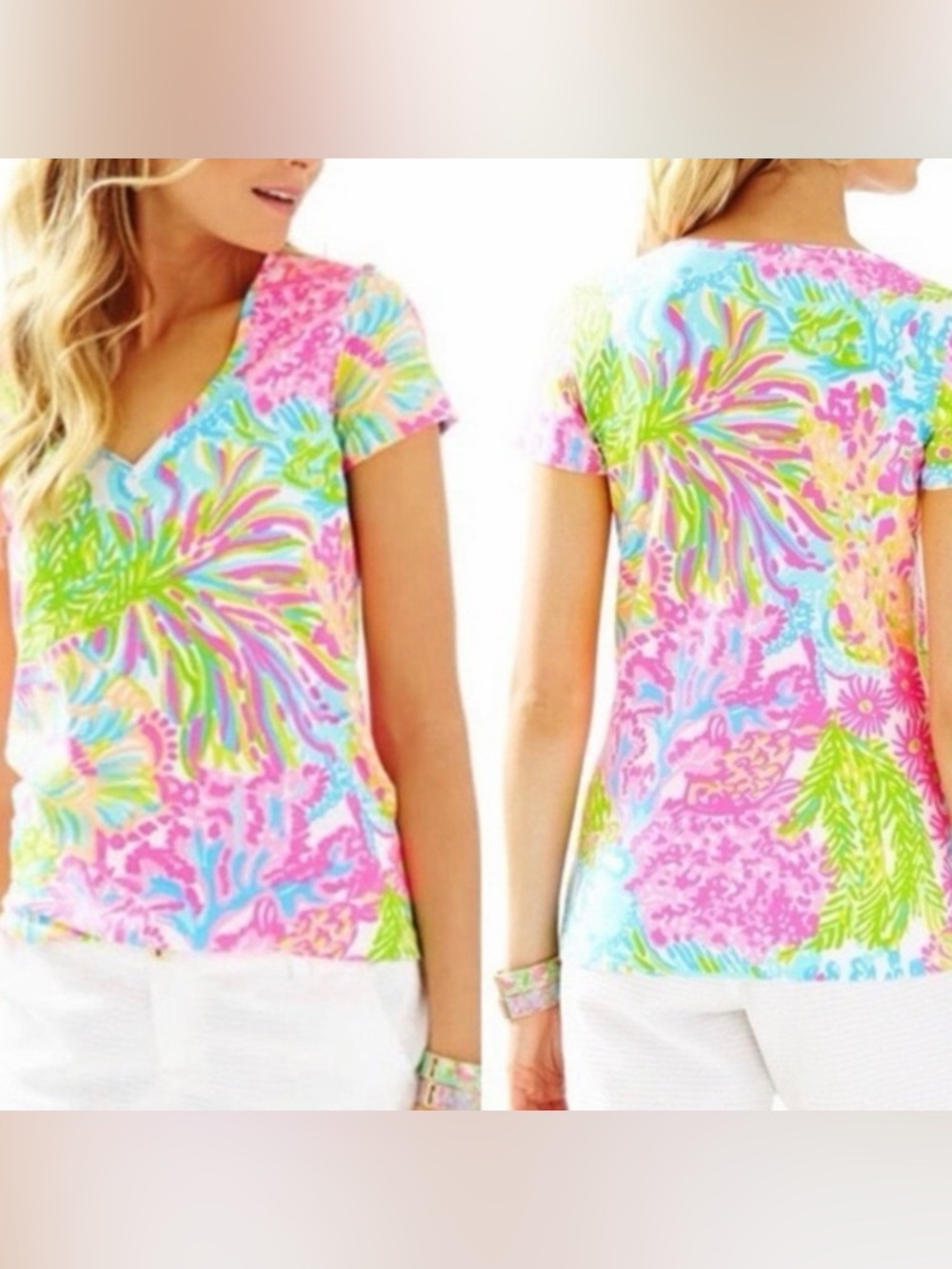 Lily Pulitzer Michelle V-Neck Tee in Lovers Coral Tropical Print Sz L/XL